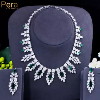 Ювелирный Комплект из колье и серёг, с зеленым и белым фианитом