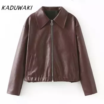 KADUWAK Ретро кожаные пальто на молнии с длинными рукавами и лацканами Шикарные свободные универсальные кожаные куртки Куртка Женская С Капюшоном