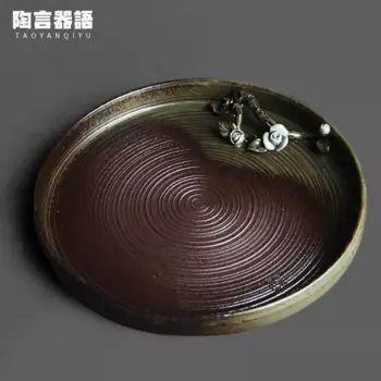 Каменная шахта, винтажная керамика, круглый поднос для чая, ручная работа, резные лепестки, цветущий дизайн в японском стиле, маленький поднос, Ландшафтная тарелка