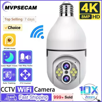 Камера с лампочкой и двумя объективами E27 8MP 4K Wi-Fi Радионяня 10-кратный PTZ-зум Автоматическое отслеживание Внутреннее видеонаблюдение Прожектор для домашней безопасности