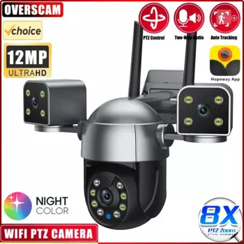 Камера видеонаблюдения, 3 объектива, 3 экрана, 6K HD PTZ, Wi-Fi, 12 МП