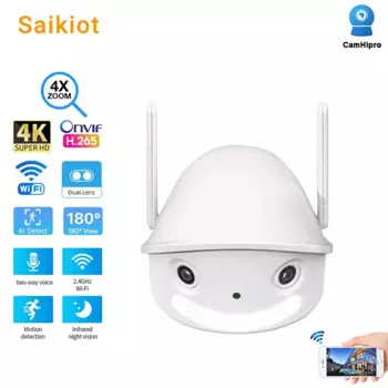 Камера видеонаблюдения Saikiot CamHipro, 180 градусов, рыбий глаз, Wi-Fi, 4 МП, 8 Мп, двойной объектив, 4-кратный зум, панорамная камера Onvif CCTV, наружная сетевая камера безопасности
