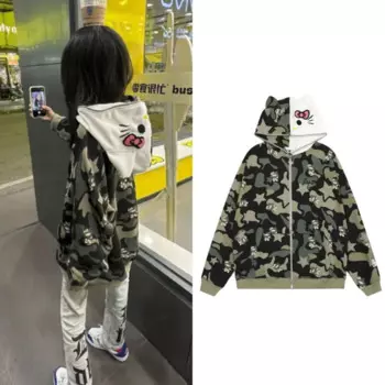 Камуфляжные пальто MINISO Hellokitty Y2k флисовая уличная одежда парная куртка с капюшоном на молнии хлопковая Толстовка Оверсайз Harajuku пальто для женщин