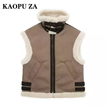 KAOPU ZA 2024, новинка осени и зимы, женский повседневный утепленный лоскутный жилет с лацканами, замшевая меховая куртка, свободная модная верхняя одежда