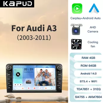 Kapud 8 "Android14 Автомобильный мультимедийный радиоплеер 360 камера для Audi A3 8P 2003-2011 RS3 Sportback CarPlay AUTO SWC GPS-навигация