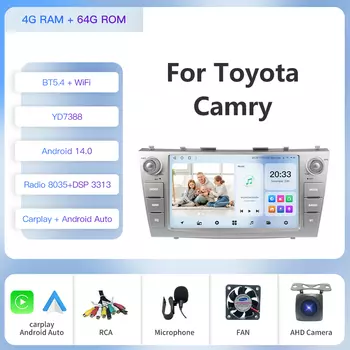 Kapud 9Android 14 Автомобильное мультимедийное радио для Toyota Camry XV40 Aurion 2007-2011 CarPlay Auto WIfi GPS-навигация 360 Камера SWC