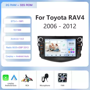 Kapud Android 14 2 Din 8 "автомобильный радиоприемник-мультимедийный плеер для Toyota RAV4 2006-2012 Carplay Auto GPS 360 камера BT Wi-Fi DSP без DVD