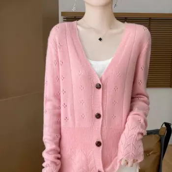 Кардиган из 100% чистой шерсти, осенне-зимний повседневный однотонный вязаный топ, женская одежда с v-образным вырезом, модная свободная полая блузка