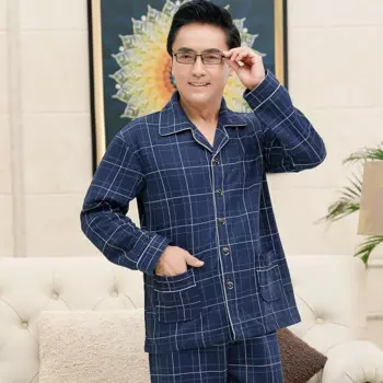 Кардиган, мужской пижамный комплект, зимний тонкий стеганый пижамный комплект, Корейская версия свободной осенней домашней одежды, мужская синяя Пижама клетчатая