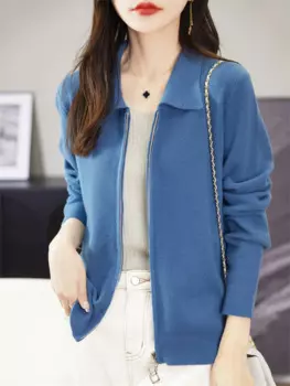 Кардиган на молнии из 100% чистой шерсти, женское свободное вязаное пальто с лацканами, повседневный свитер с иглами осенью, новая женская куртка с воротником PoLo