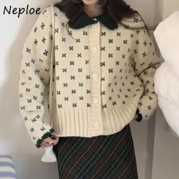 Кардиган Neploe с кукольным воротником, вязаный крючком кардиган со вставками, милый однобортный свитер, маленькие женские коллеги, корейский шикарный топ