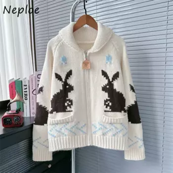 Кардиган Neploe с отложным воротником и длинным рукавом, модный вязаный жаккардовый Свободный теплый джемпер с принтом кролика из Кореи