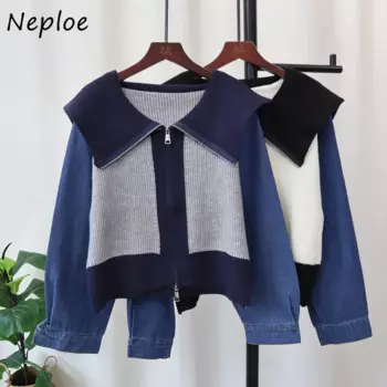 Кардиган Neploe в французском стиле, модный вязаный джинсовый кардиган в стиле пэчворк, Женский Свободный Повседневный Универсальный винтажный Топ