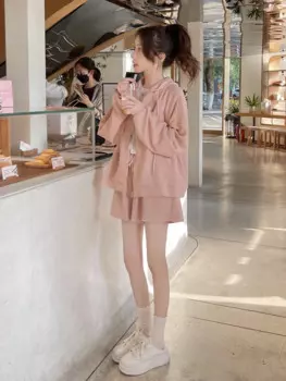 Кардиган с капюшоном и шорты из флиса, Женский хлопковый розовый модный Свободный Повседневный костюм из двух предметов, модный весенне-осенний костюм с длинным рукавом