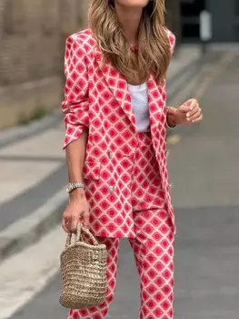 Кардиган с красным принтом, простой наряд, женские осенне-зимние комплекты с длинным рукавом и расширяющимися книзу брюками, женские костюмы с эластичной талией 2024