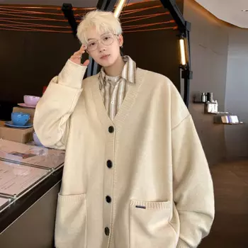 Кардиган-свитер, мужской теплый вязаный свитер с v-образным вырезом, мужская уличная одежда, корейский свободный свитер с длинными рукавами, мужской джемпер, одежда