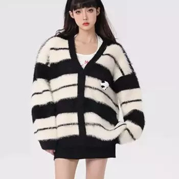 Кардиган в стиле преппи с пандой и куклой, куртка 2023, осенне-зимняя модная куртка в полоску, женская Свободная Повседневная вязаная куртка