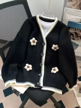 Кардиган женский однобортный с длинным рукавом, модная Милая повседневная одежда в стиле пэчворк, с цветочным принтом, в контрастном цвете