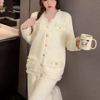 Кардиган зимний в стиле instagram, фланелевая одежда для сна, женская зимняя плотная теплая вязаная домашняя одежда, комплект из двух предметов, 2024