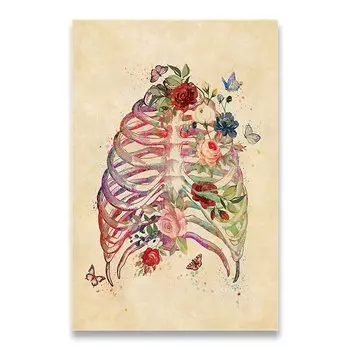 Картина на холсте AliPaint "Мозг, сердце, череп, цветы"