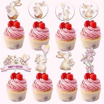 Картонные топперы с кроликом для торта, розовый, 16 шт