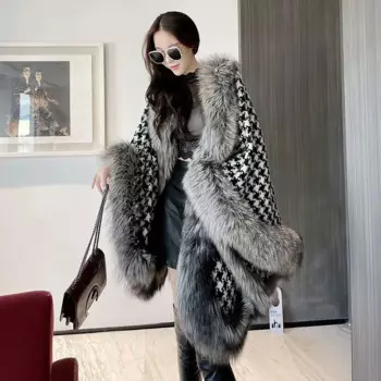 Кашемировое пальто для женщин, новинка 2024, зимняя новая накидка, Высококачественная Двусторонняя шерстяная стеганая шаль из искусственного меха, женское меховое пальто T311