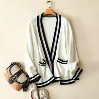 Кашемировый шерстяной открытый кардиган aliaga, пальто, женская зимняя теплая верхняя одежда, вязаный контрастный Свитер оверсайз с длинным рукавом и воротником