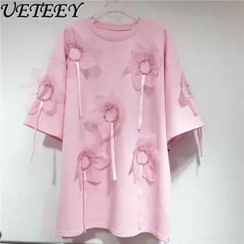 Kawaii милое розовое платье-футболка средней длины с круглым воротником, новинка лета 2024, модная свободная футболка большого размера с 3D цветами и бисером, топ