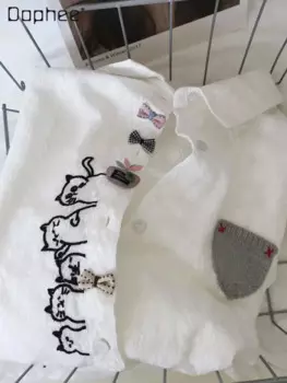 Kawaii одежда, свободная хлопковая белая рубашка с мультяшной вышивкой, женская универсальная блузка с отложным воротником и длинными рукавами, топ