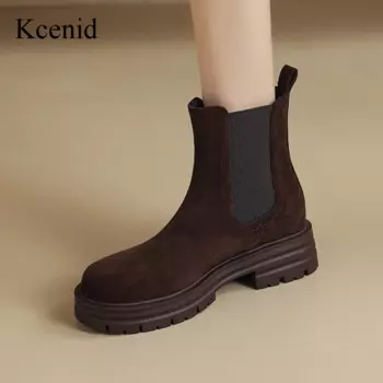 Kcenid Модные женские ботинки с круглым носком осень-зима 2024 ботинки на платформе на среднем каблуке кожаные ботильоны ручной работы для женщин
