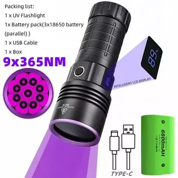 КЕНСУН ультрафиолетовый фонарик 180 Вт 365 нм 9 светодиодов черный
