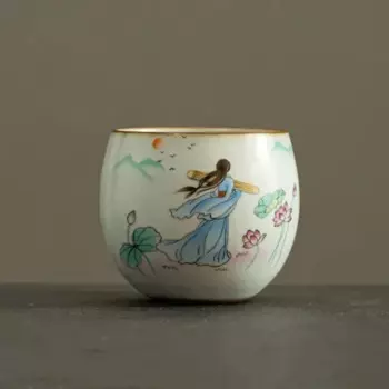 Керамическая чайная чашка JINGDE TEA SET с узором лотоса 90 мл