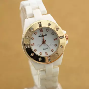 Керамическая копия модные женские часы, чехол с золотым покрытием со стразами, керамический ремешок, кварцевый механизм, женские часы G503