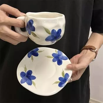 Керамическая кружка с блюдцем ручной работы 300 мл