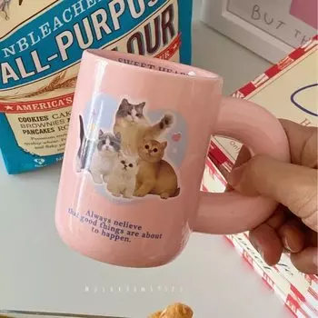 Керамические розовые кружки с котенком 300 мл