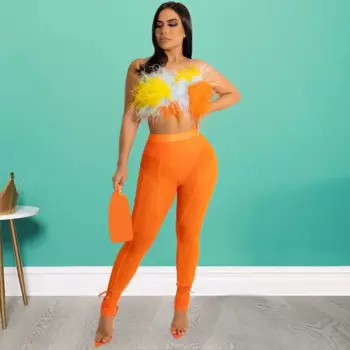 KEXU сетчатый прозрачный костюм с разрезом и брюками и красочный укороченный топ с перьями, спортивный костюм, женский костюм из двух предметов