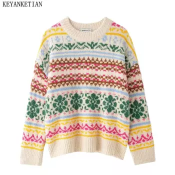 KEYANKETIAN 2024, осень/зима, новый женский полосатый жаккардовый свитер в стиле ретро, свободный толстый пуловер большого размера с круглым вырезом, вязаный топ