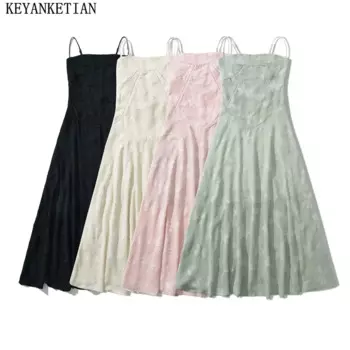 KEYANKETIAN, новинка 2024 года, женское льняное платье-комбинация с вышивкой, праздничное приталенное платье-миди с завышенной талией и шнуровкой