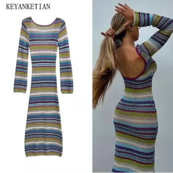 KEYANKETIAN, новинка 2024 года, женское пикантное трикотажное платье в полоску с открытой спиной, богемное праздничное облегающее длинное платье миди до щиколотки с длинным рукавом