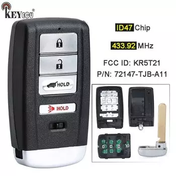 KEYECU 433,92 MHz ID47 Chip FCC ID: KR5T21 P/N: 72147-TJB-A11 дистанционный смарт ключ-брелок для Acura RDX 2019 2020 2021