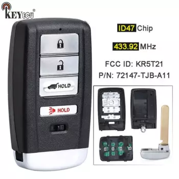 KEYECU 433,92 MHz ID47 Chip FCC ID: KR5T21 P/N: 72147-TJB-A11 дистанционный смарт ключ-брелок для Acura RDX 2019 2020 2021