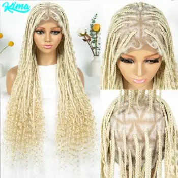 Kima Boho Box Braids Волосы Синтетический Полный Кружевной Плетеный Парик Треугольный Узел Бохо Плетение Парики с Детскими Волосами для Чернокожих Женщин