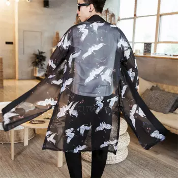 Кимоно Кардиган японский Винтажный стиль журавль шифон Haori мужской костюм самурая длинный халат юката Харадзюку унисекс азиатская одежда