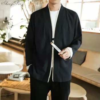 Кимоно Q687 мужское черное в японском стиле, кардиган, костюм самурая, юката, хаори, японская одежда