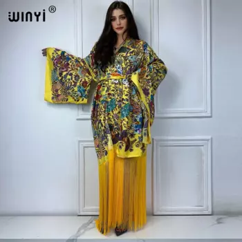 Кимоно WINYI в стиле бохо, пляжная одежда, летний кардиган с богемным принтом, накидка на бикини, пикантное праздничное платье с длинным рукавом и бахромой