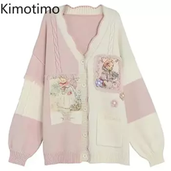 Kimotimo Kawaii жаккардовый лоскутный вязаный кардиган женский осенне-зимний милый свободный свитер с длинным рукавом японские милые универсальные Топы