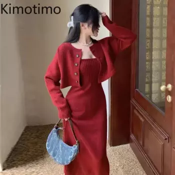 Kimotimo, модный свитер, комплекты из двух предметов, женский вязаный кардиган с длинными рукавами, корейское повседневное длинное платье без рукавов, осенние простые костюмы