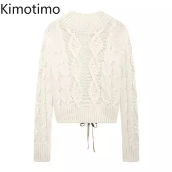 Kimotimo свитер женский осенне-зимний бандажный дизайн с открытой спиной вязаный пуловер во французском стиле ретро тонкий джемпер с круглым вырезом Sueters De Mujer