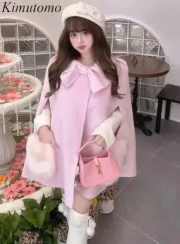 Kimutomo розовое шерстяное пальто с бантом, женское маленькое свободное пальто Kawaii с ароматом, корейское однотонное простое дизайнерское свободное универсальное пальто
