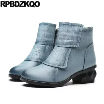 Китайская обувь, короткие синие женские ботильоны на среднем каблуке, 2021, меховые, с круглым носком, недорогие, водонепроницаемые зимние модные новые женские ботинки